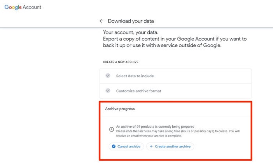 google account menu archive progress