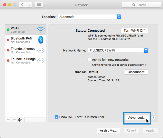 apple's system preferences in the network settings menu